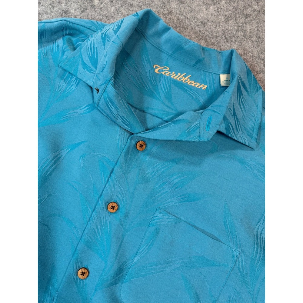 Caribbean Mens Large Turquoise Blue Jacquard Palm Leaf Short Sleeve Camp Shirt